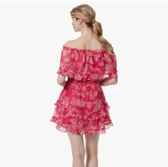 Jessica Simpson Pink Leaf Print Off Shoulder Dress - Picture 2 of 6